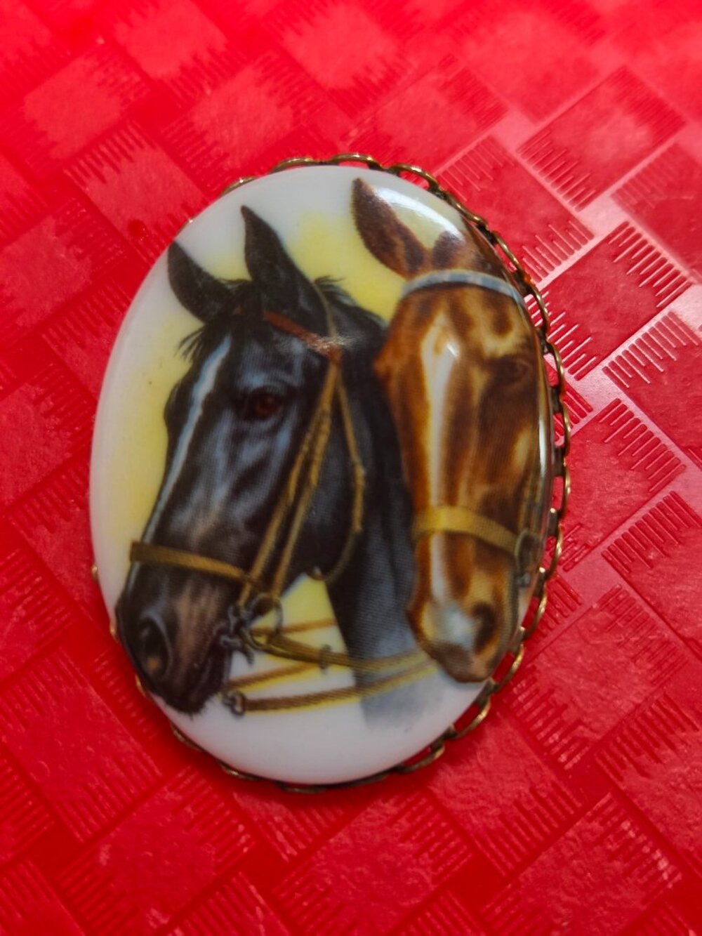 vintage lithograph horse's oval brooch